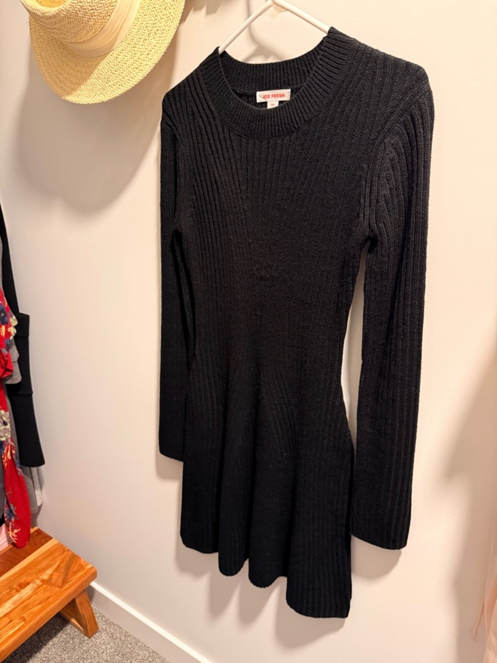 Joe Fresh Black Ribbed Long-Sleeve Knit Fit-and-Flare Dress - Picture 2 of 4